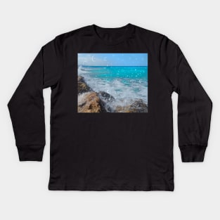 Rocky beach ocean spray, On the rocks, ocean waves surfing the rocks of a splashing dashing restless Caribbean Sea Kids Long Sleeve T-Shirt